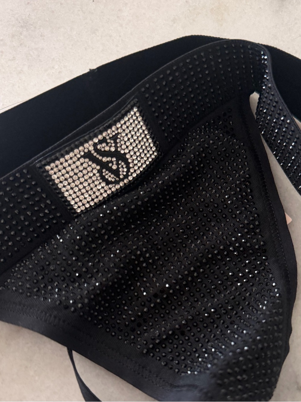 New NWT Victoria's Secret Black Rhinestone Embellished shine strap thong medium
